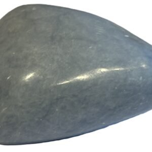 Smooth polished blue angelite carved heart crystal showing natural white mineral flecks on a white background